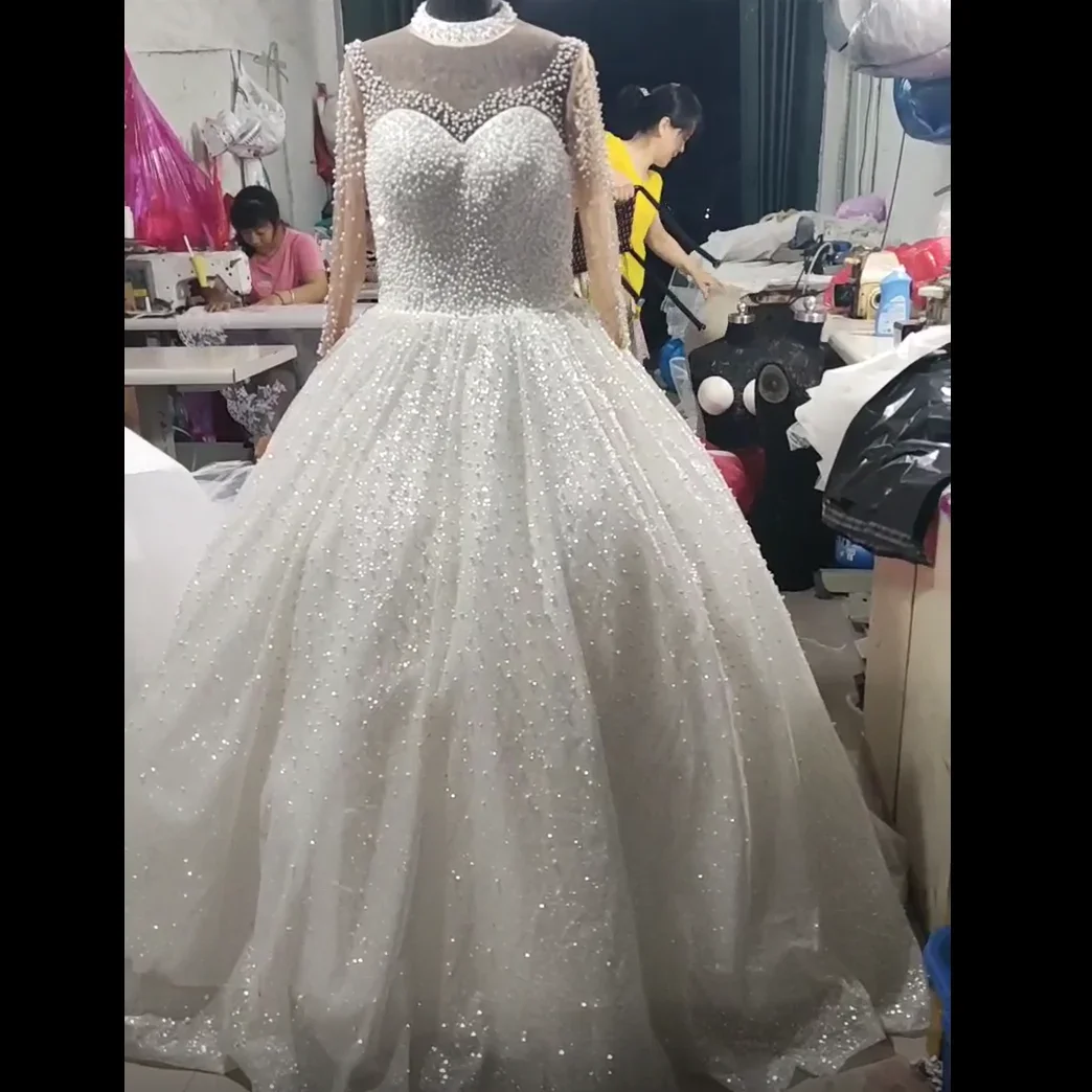 

Customized Gogerous High Neck Full Pearls Wedding Dresses For Bride 2024 Robe De Mariée Long Sleeves Ballgown Puffy Luxury Brid