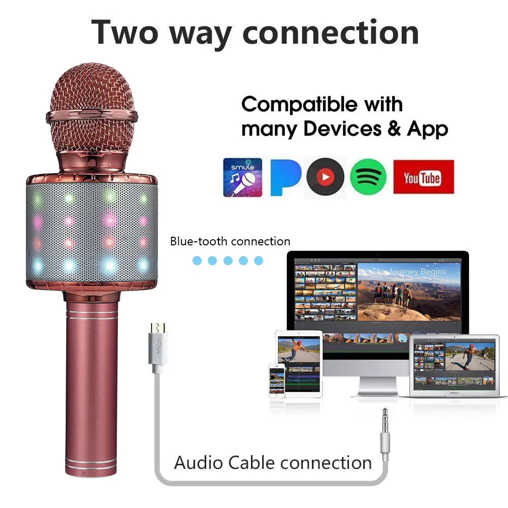 Wireless Karaoke Microphone Handheld Portable Speaker Home KTV Player with Dancing LED Lights Record Function for Kids Gifts