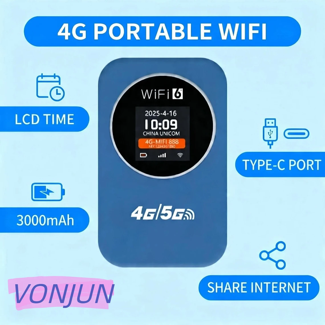 

Портативный Wi-Fi роутер VONJUN 4G с аккумулятором 3000 мАч, мобильная точка доступа LTE со слотом для SIM-карты