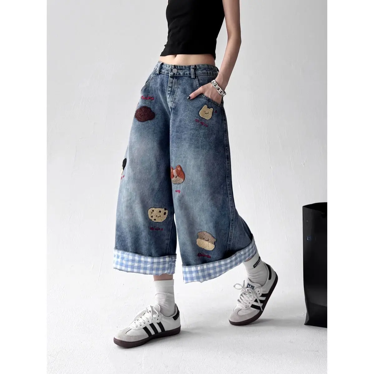 

Summer Women Japanese Jorts Kawaii Embroidery Jean Shorts Cute Core Denim Capri Pants Harajuku Wide Fit Jeans