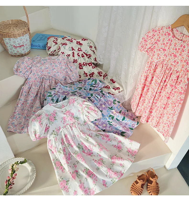 2025 Summer Kids Girls Dresses Short Sleeve A Line Girls Dresses Floral Print Pleated Dress For Girl