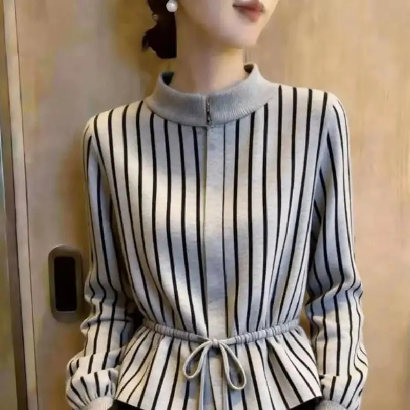 Hot 2026 Autumnwinter Newwomen Clothing French Commuting Style Fashion Versatile Temperament Stand Up Collar Striped Trend Tops