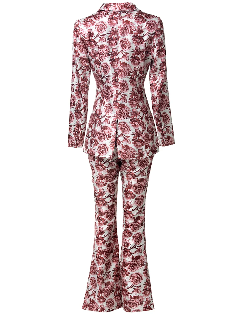 Seasixiang Damesjas met lange mouwen en ingekeepte broek Rozenprint Office Lady 2-delige set Mode Herfst Dames