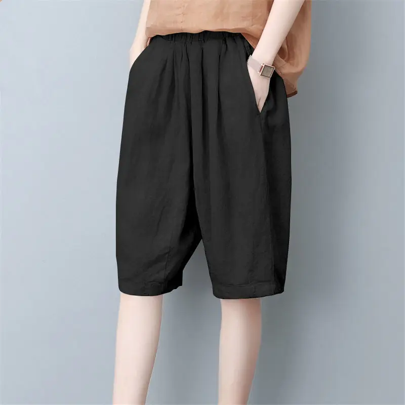 Women Summer Simplicity Loose All-match Solid Color High Waist Shorts Women Clothes Casual Fashion Appear Thin Large Size Pants