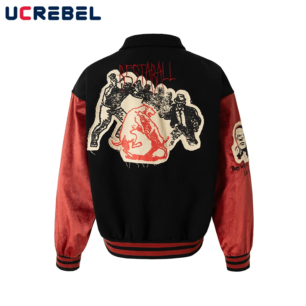 

Patch Embroidery Baseball Jacket Mens Autumn Spliced Retro High Street Single Breasted Letterman jacket Man