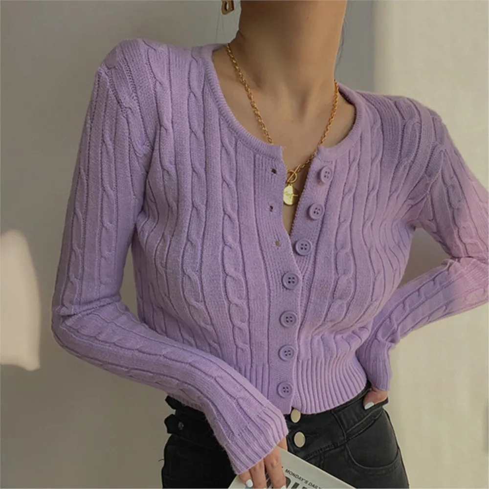 

Single breasted Fried Dough Twists knitting cardigan women's high waist solid color sweater slim round neck long sleeved top