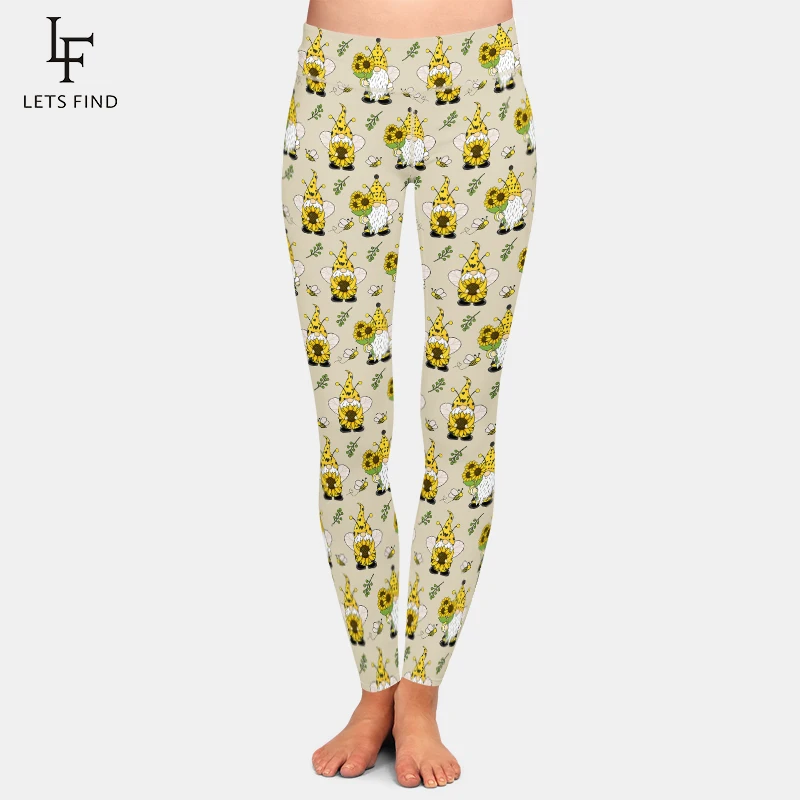 LETSFIND New Women 3D Gnomes Bees and Sunflowers Print Stretch Workout Pants High Waist Fitness Slim Elastic Full Leggings