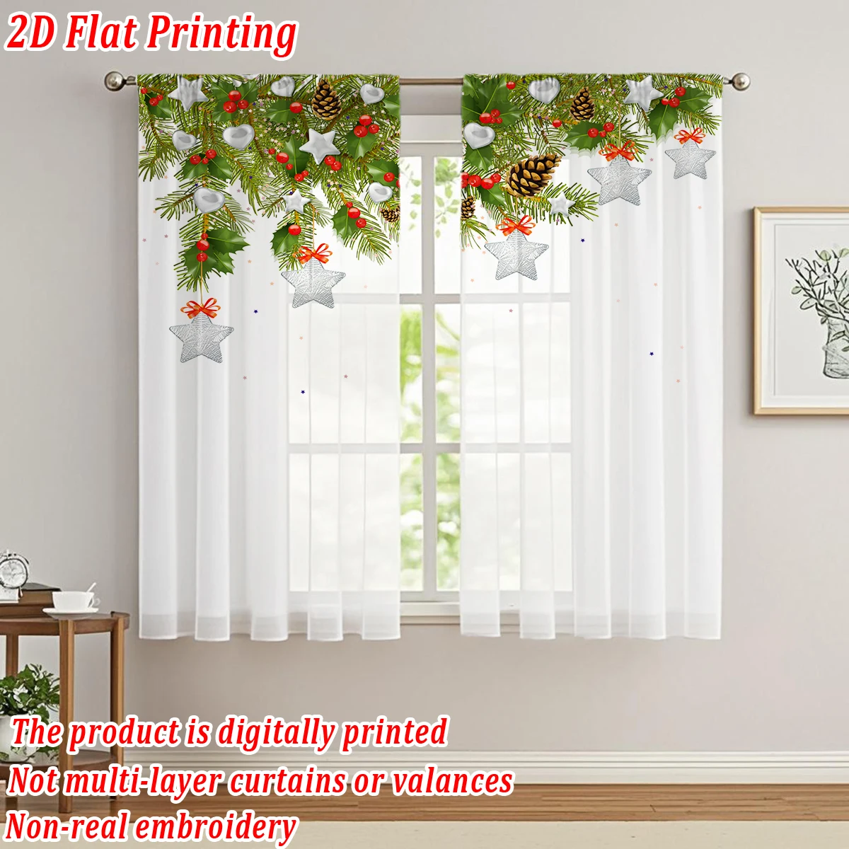 Christmas Flat Printing Kitchen Sheer Curtain with Christmas  Star Ornament Pinecone Pine Branch For Christmas Home Decor  Party