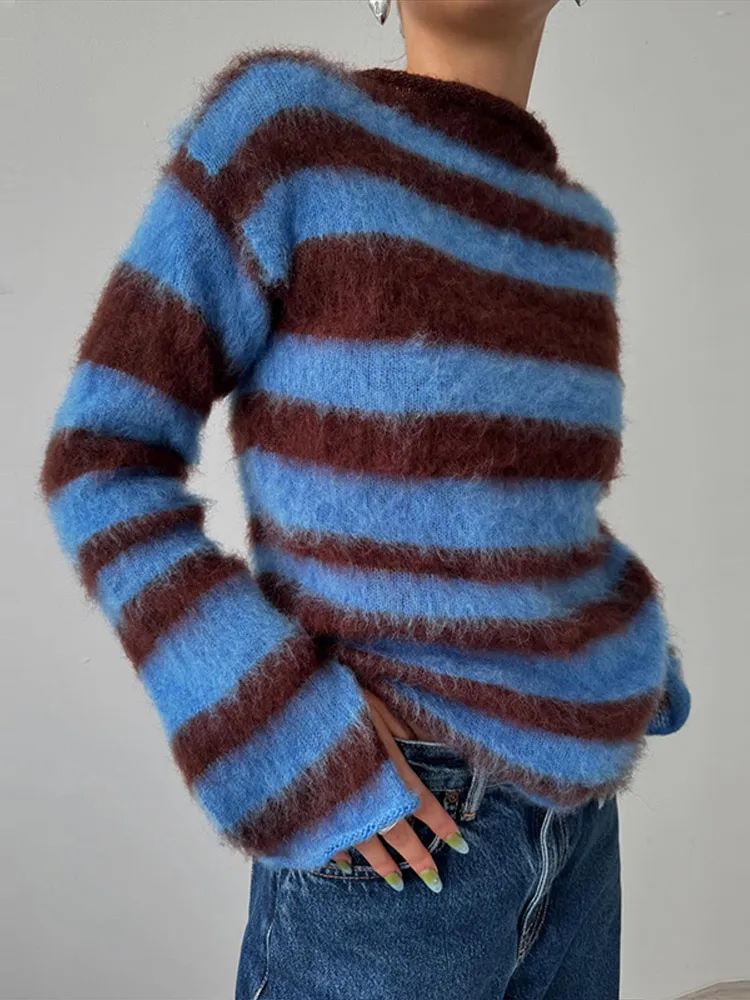 Vintage Fuzzy Mohair Sweater Boat Neck Sheer Flare Long Sleeve Roll Hem Slim Fit Casual Knit Top 2026 Spring Autumn Women Tops