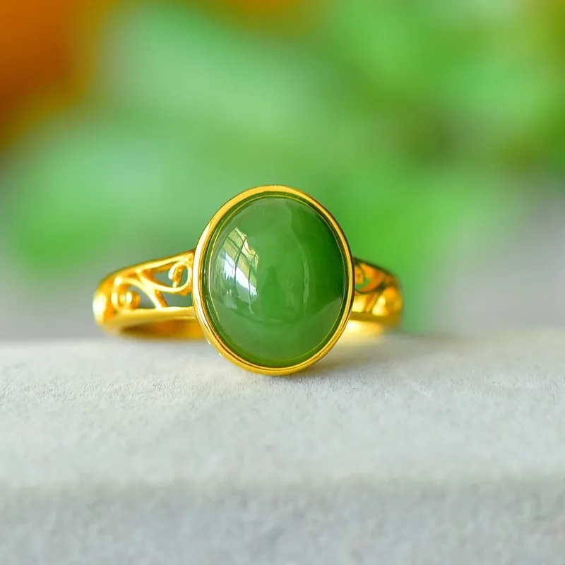 

Exquisite Copper Inlaid Hetian Jade Jasper Hollow Women's Ring