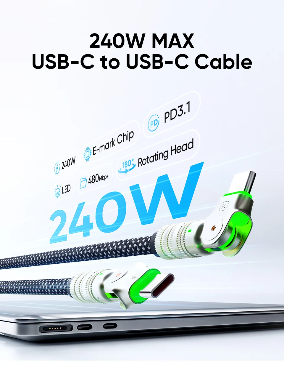 KUULAA 240W Typ-C-Kabel, Schnellladung, 180-Grad-Drehwinkelkabel für Spiele, für Xiaomi Redmi Honor Handy-Ladegerät, USB-C-Kabel – Detail 1