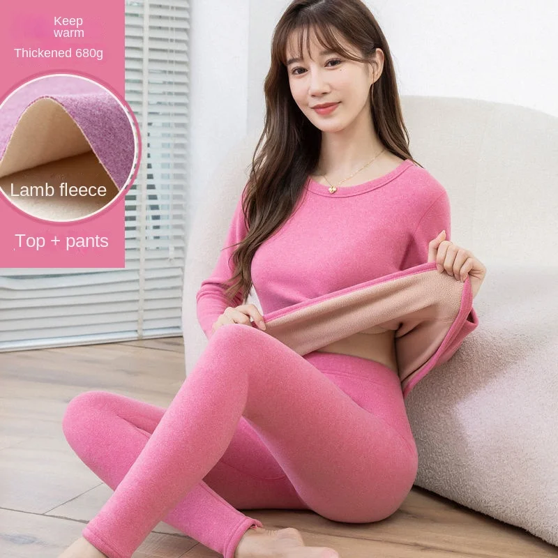 

Thermal Underwear Women Suit Thicken Lamb Fleece High Elastic High Waist Long Johns Bottoming Two Piece Sets Thermos Clothing