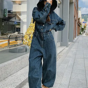 여성용 루즈 데님 점프수트 작업복, 힙합 빈티지, 긴 소매, 원피스 청바지, 하렘 바지, 롬퍼 바지, Q118 
