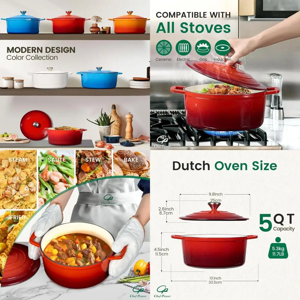 

5-литровая эмалированная чугунная голландская духовка для выпечки, тушения, тушения, раковины и запекания с крышкой, безопасная для духовки, красный градиент