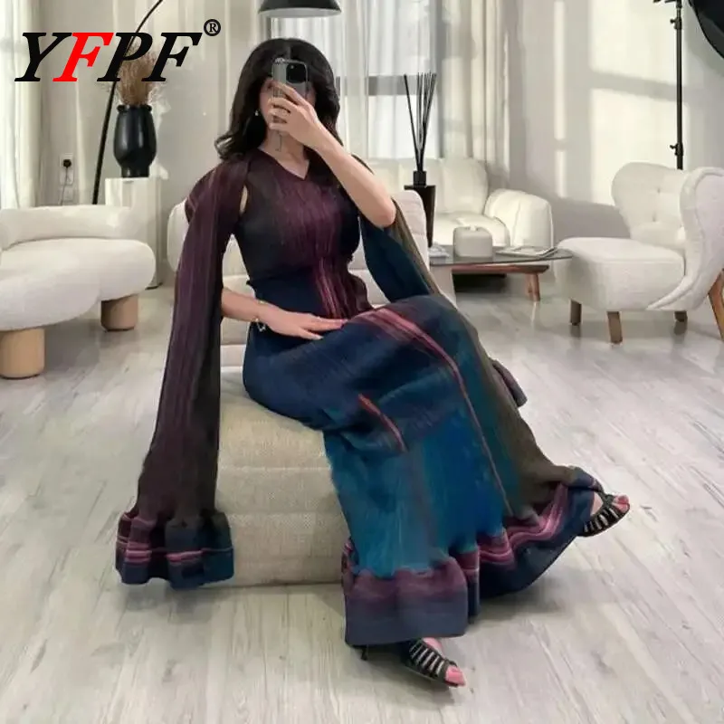 

YFPF Fashion Miyake Pleated Design 2 Piece Set Women Flare Sleeve Coat + V Neck Long Dresses Elegant 2025 New Clothing 3A122