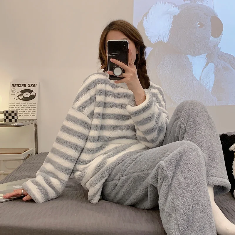 Stripe jacquard flannel girls' pajamas round neck pullover coral velvet pajamas women's thickened warm and lovely home clothes