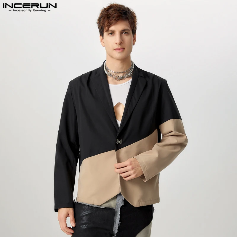 Handsome Well Fitting Tops INCERUN Men Splicing Color Blocking Suit Streetwear Male Metal Buckle Decoration Long Sleeved Blazer