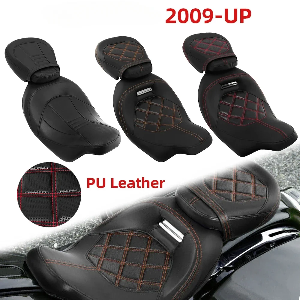 Motorcycle Low-Profile Two Up Driver Passenger Leather Seat For Harley Touring CVO Electra Street Glide Road King 2009-Up