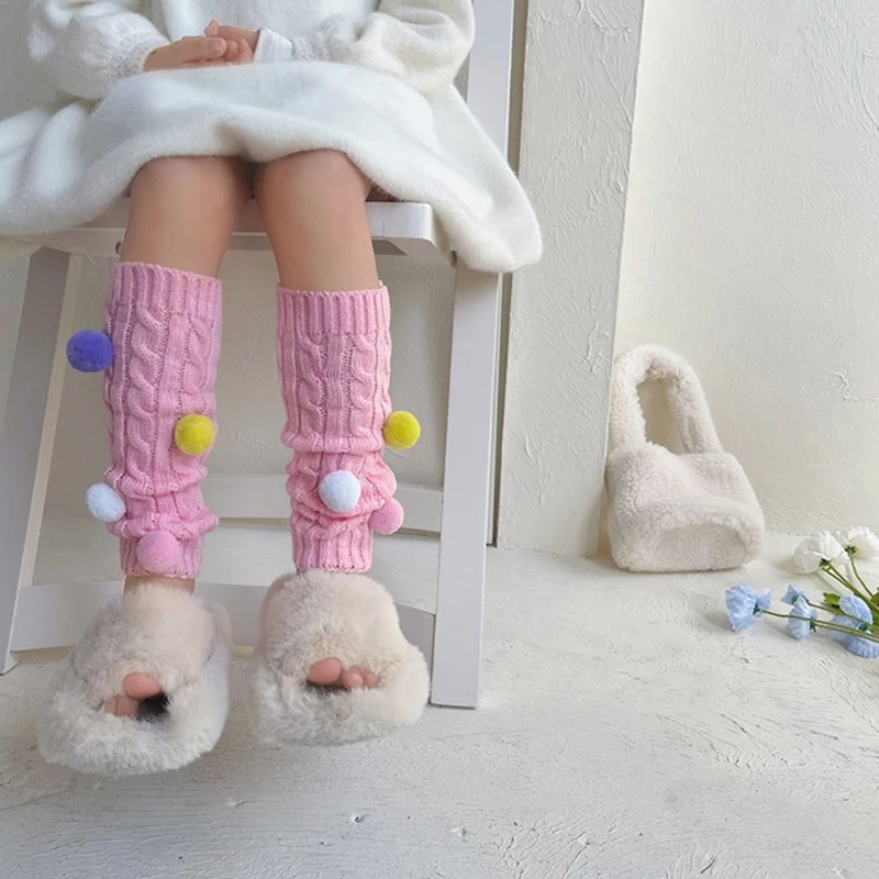 1 Pair Solid Colour  Knitted Woolen Baby Girls Leg Warmer Fashion Plush Pompom Ball Kids Girls Leggings Long Stockings