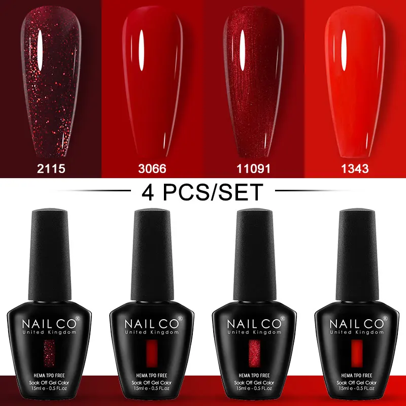 NAILCO 4pcs/Set 15ml Red Gel Nail Polish UV Lakiery Hybrydowe HEMA TPO FREE Need Top Base Coat Nails Art Manicure Design Vernis