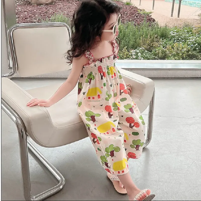 Summer Baby and Girls All-Over Printed Pleated Elastic Suspender Bodysuits Kids Strapped Jumpsuits Child Overalls Outfits 2-8 Yr