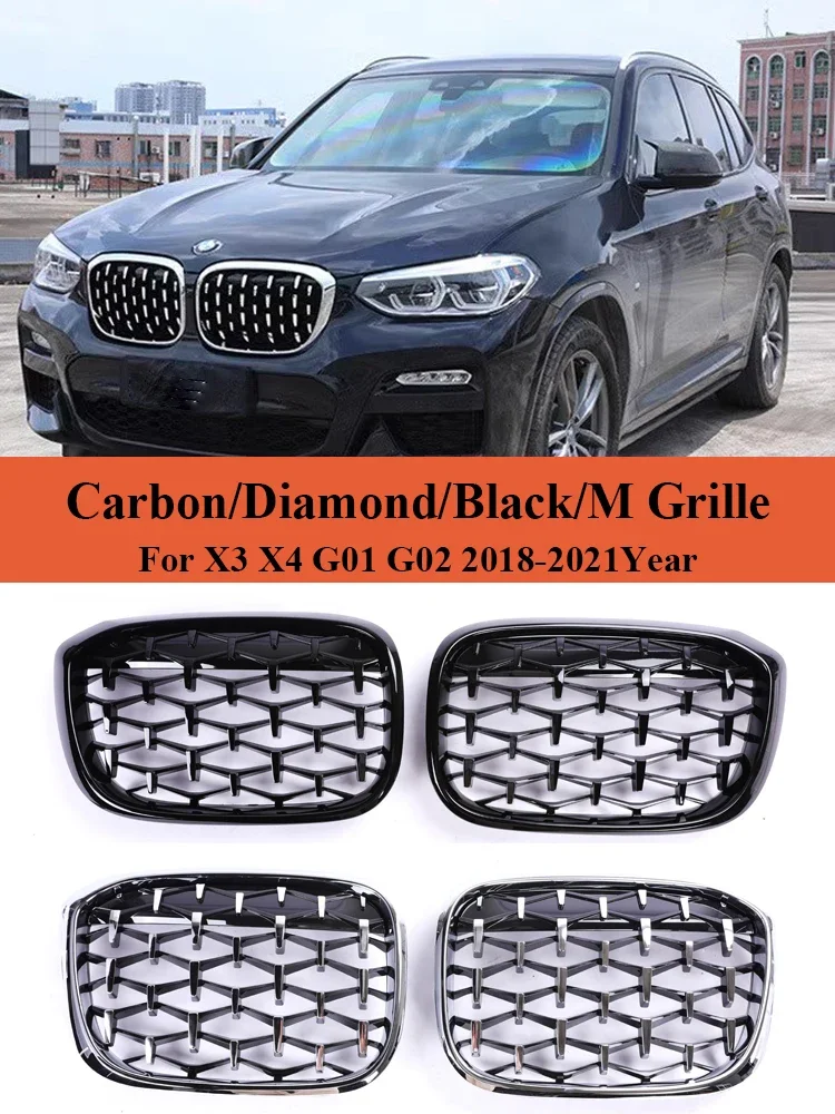 

Front Bumper Kidney Diamond Chrome Grille For BMW X3 X4 G01 G02 2018-2021 Facelift Grills Cover Car Accessories