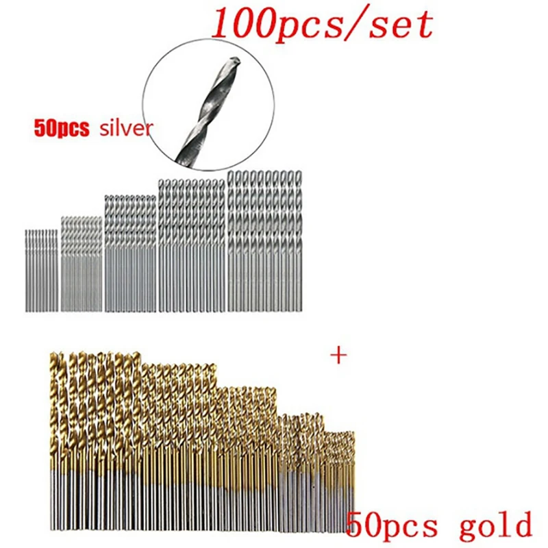 100/50pcs 1/1.5/2/2.5/3mm Twist Dril Titanium Coated Drill Bits HSS High Speed Steel Drill Bits Set Tool Metal Drills Power Tool