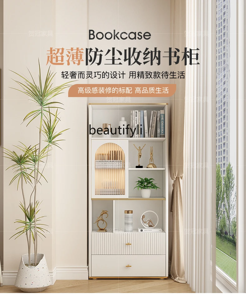 Floor Ultra-Thin Bookcase with Glass Door Dustproof Student Household Living Room Wall Display Cabinet