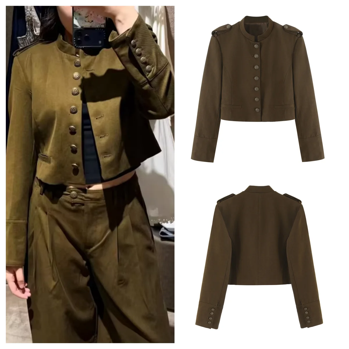 Guobioziy Women's Stand Collar Epaulet Short Blazer 2026 Fall New Long Sleeve Single-Breasted Vintage Military Style Suit