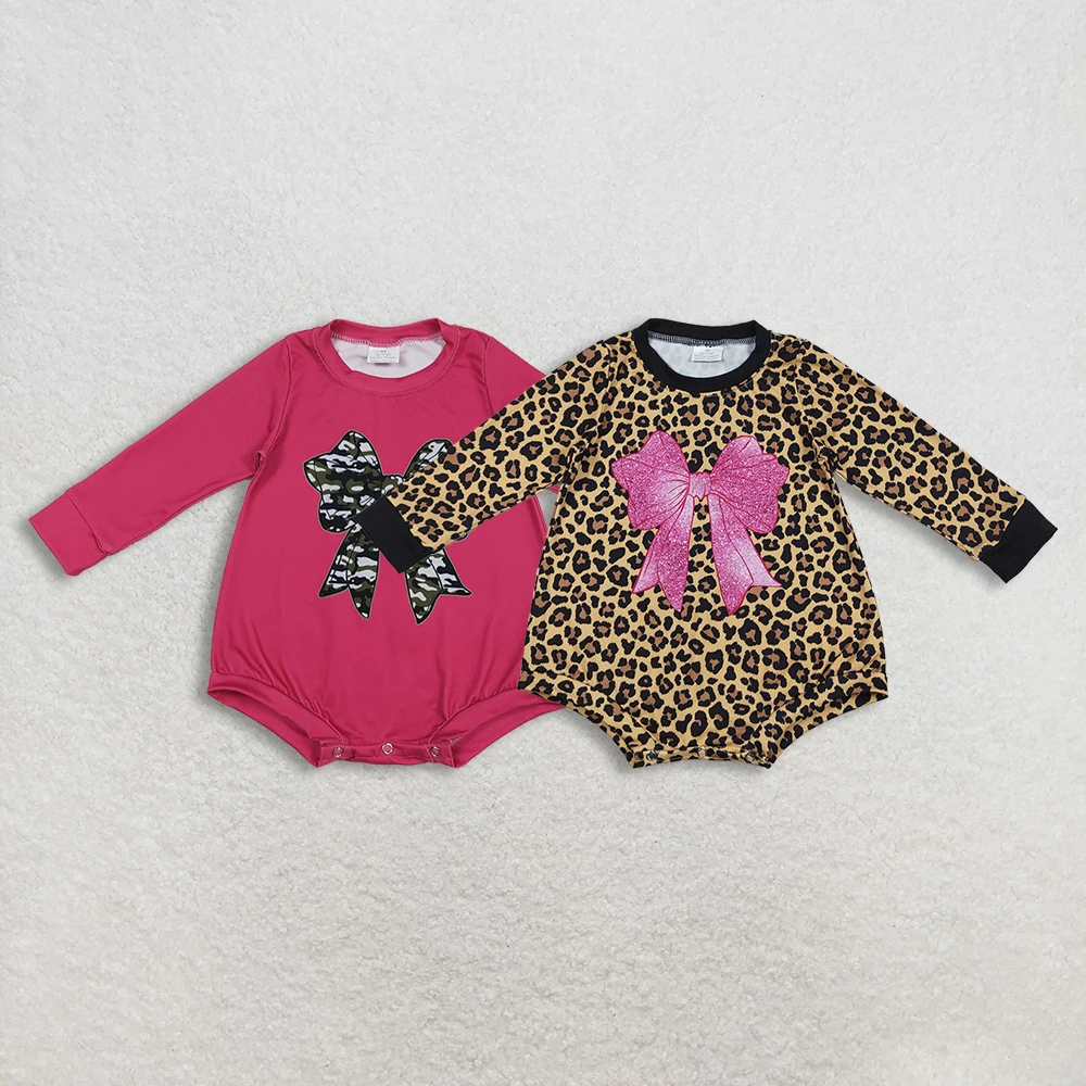 z1115-05 LR2775 Wholesale baby rompers kids clothes girls bow leopard long sleeve romper boutique children clothing
