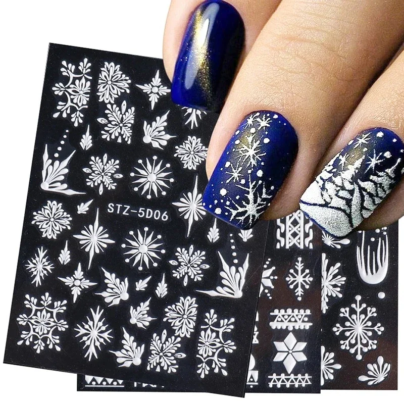 8pcs/set 5D White Snowflakes Nail Stickers Christmas Nail Art Decoration New Year Winter Xmas Party DIY Nail Decals Manicure