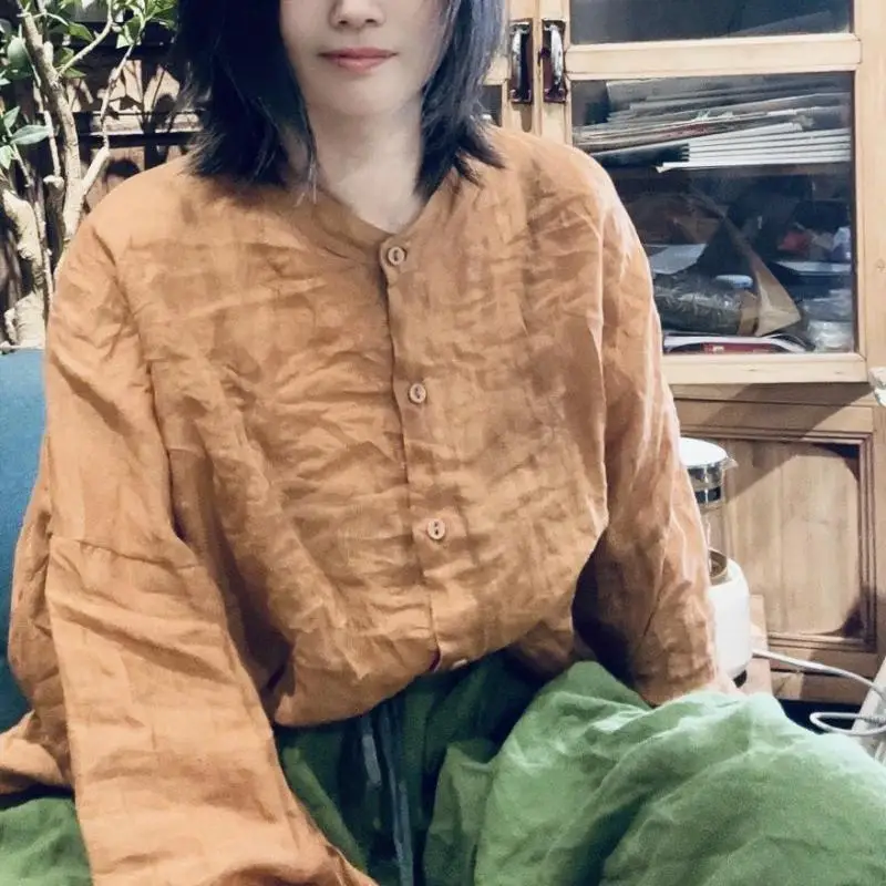 

Новинка 2024, весна-лето, женские однобортные рубашки с длинным рукавом и воротником-стойкой, винтажная повседневная свободная блузка Ramie, женские топы SN151