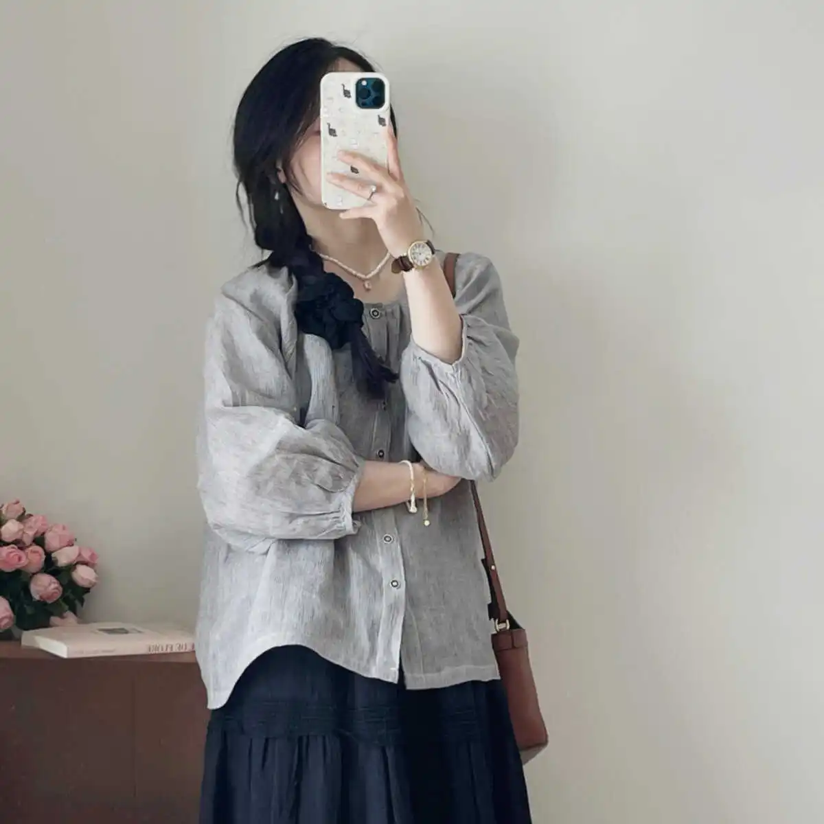 Japanese Lazy Artistic round Ne  Color Single Button Seven Sve Loose Slimming Small Stripe Linen irt Women