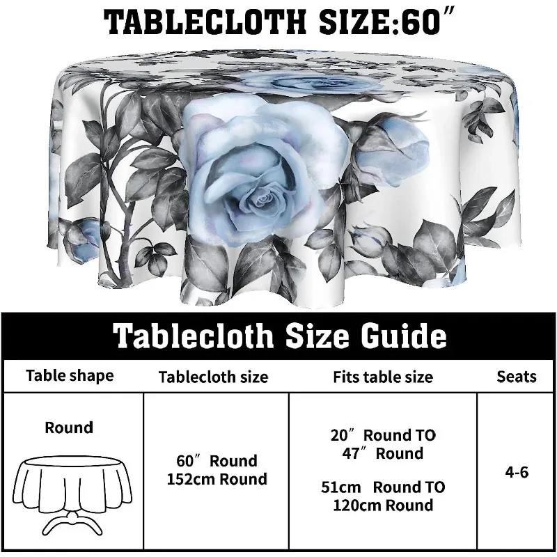 Blue Flower Table Cloth 60 Inch Waterproof Stain Resistant Table Cover Round Tablecloth for Outdoor Indoor Kitchen Dining Decor