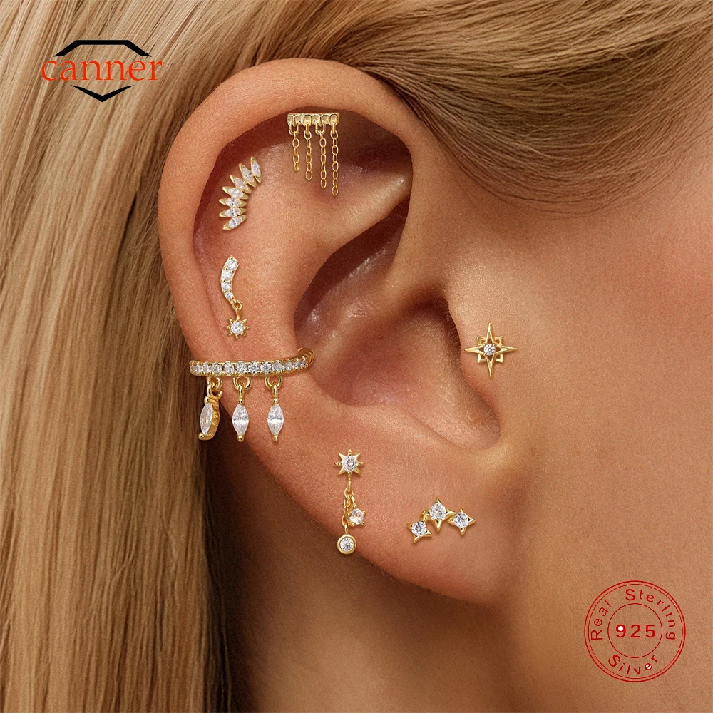 

CANNER 1PC 925 Sterling Silver Eight Pointed Star Flat Head Piercing Ear Bone Nail For Women Ins Chain Tassel Stud Earring Gift