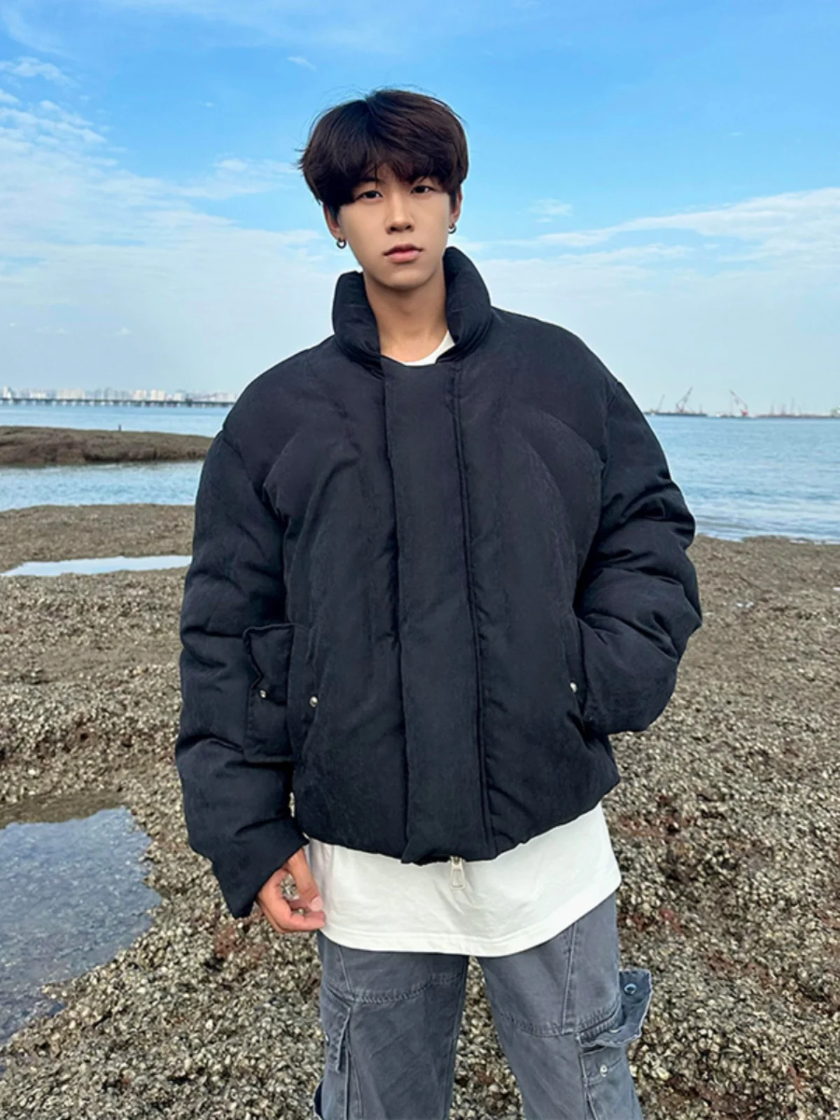 

Bla ort Men's down Cotton Jaet Winter Thi Warm Coat Bread Sle Retro American Cotton Padded Youth Faion Outerwear