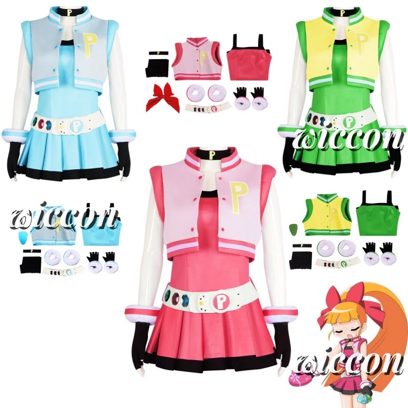 

Powerpuff Girls Cosplay Girls Costume Dress Set Blossom Buttercup Bubbles Costume Dress With Belt Set Halloween Fancy Dress