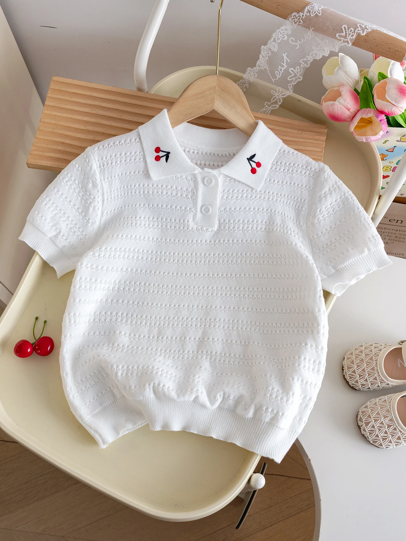 Girl's Cute Style Solid Color Embroidered Cherry Polo Collar Knitted Hoodie Thin Open Button Sweater