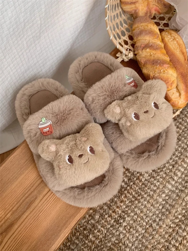 Women Home Slippers Warm Cute Two Character Cotton Slippers Winter Three-dimensional Teddy Bear Indoor Household Slipper