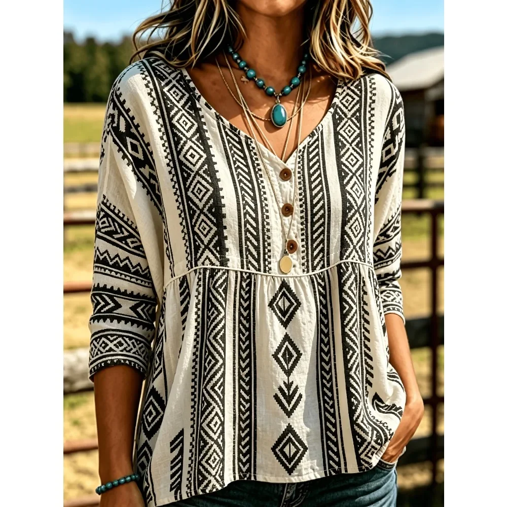 Women Patchwork Floral V-Neck Ruffle Long Sleeve Blouse Cottagecore Vacation Shirt Casual Flowy Soft Breathable Flattering New