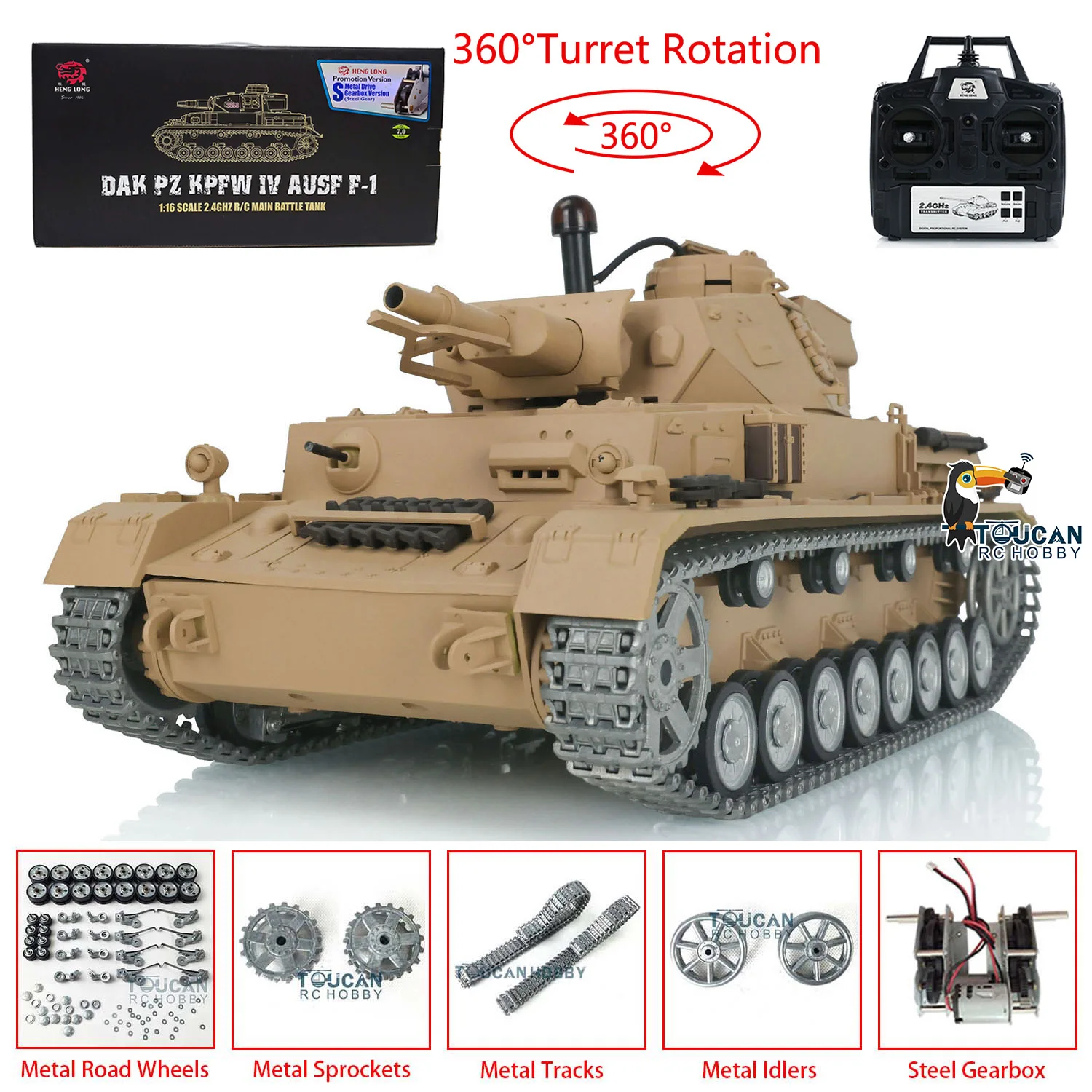 Toucan Radio Controller Vehicle Heng Long 1/16 7.0 Pro Ver Panzer IV F RTR RC Tank 3858 Metal Tracks Wheels IR Combat TH17385