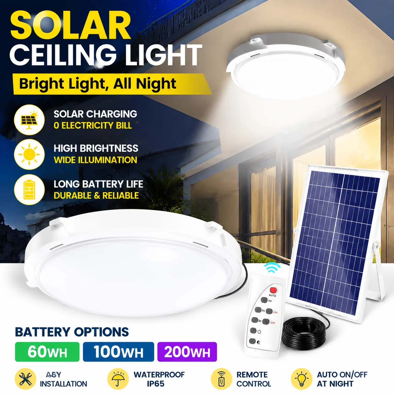 Round Solar Ceiling Lamp Indoor Solar Light for Corridor Hallway Bedroom Kitchen Energy Efficient Auto Night Lighting