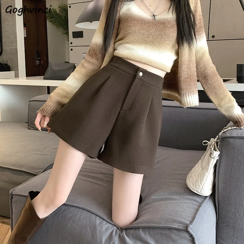 Dicker Shorts Frauen Wolle A-line Alle-spiel Freizeit Hohe Taille Koreanische Mode Baggy Reine Farbe Breite Bein Herbst Streetwear ins