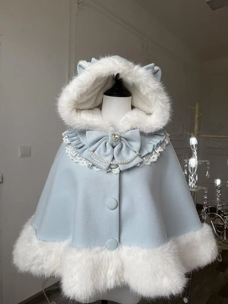 [Manteau d'oreille de chat] automne et hiver mignon Lolita laine manteau châle Harajuku Unique doux mignon manteau chaud