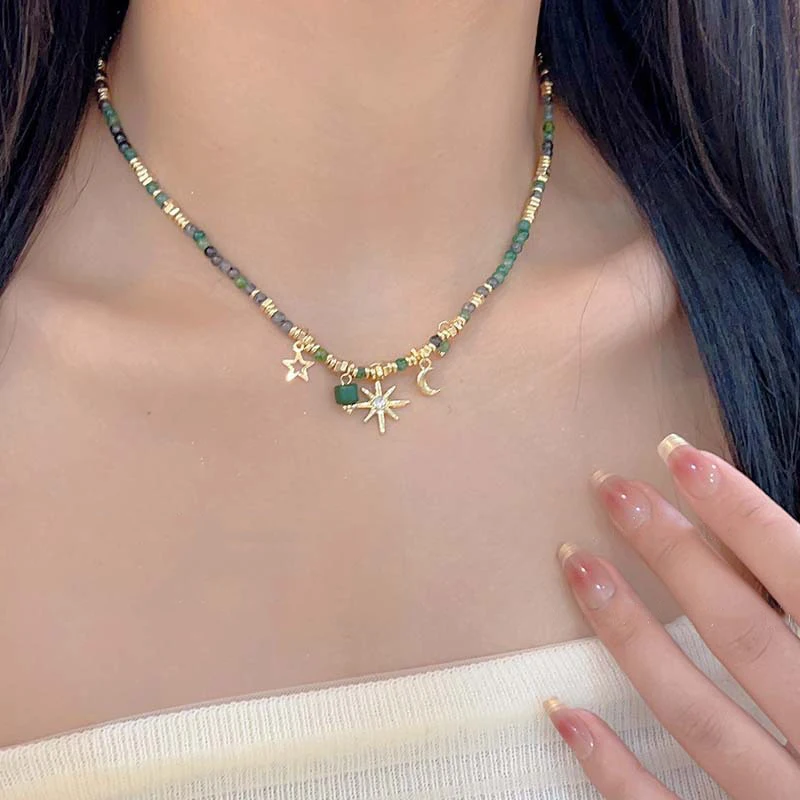 Vintage Green Stone Beaded Necklace Star Moon Sunflower Charm Clavicle Chain Women Party Jewelry Summer Vacation image 4