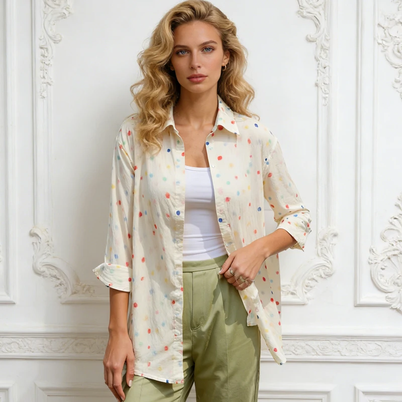 

Женская повседневная свободная тонкая блузка в горошек с длинным рукавом, модная летняя солнцезащитная рубашка 1974