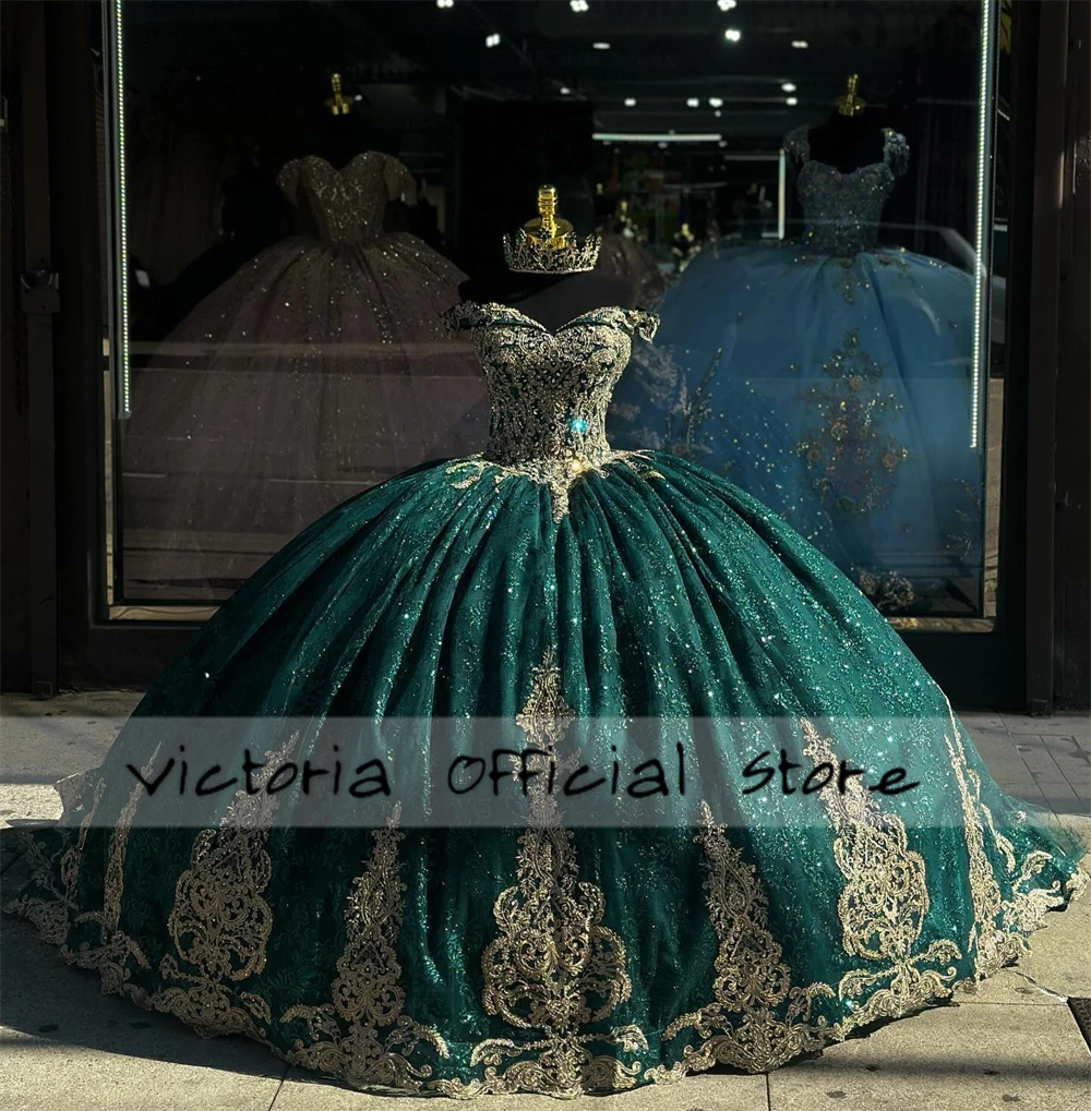 Exquisite smaragdgrüne Quinceanera-Kleider mit Spitzenapplikationen, schulterfrei, Ballkleid, Sweet Sixteen-Kleid, Hochzeit, individuell gestaltet