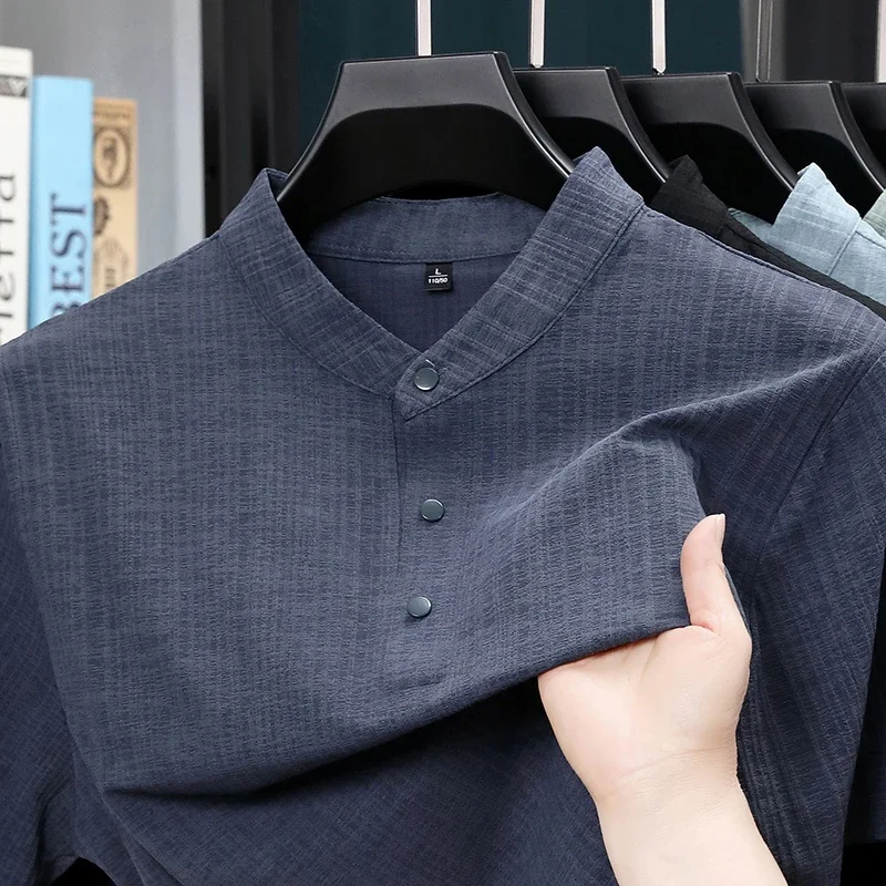 Summer Stand Collar Half Button Mens Shirt Lightweight Textile Blouse Daily Streetwear Home Leisure And Short Travel Outfit view 5