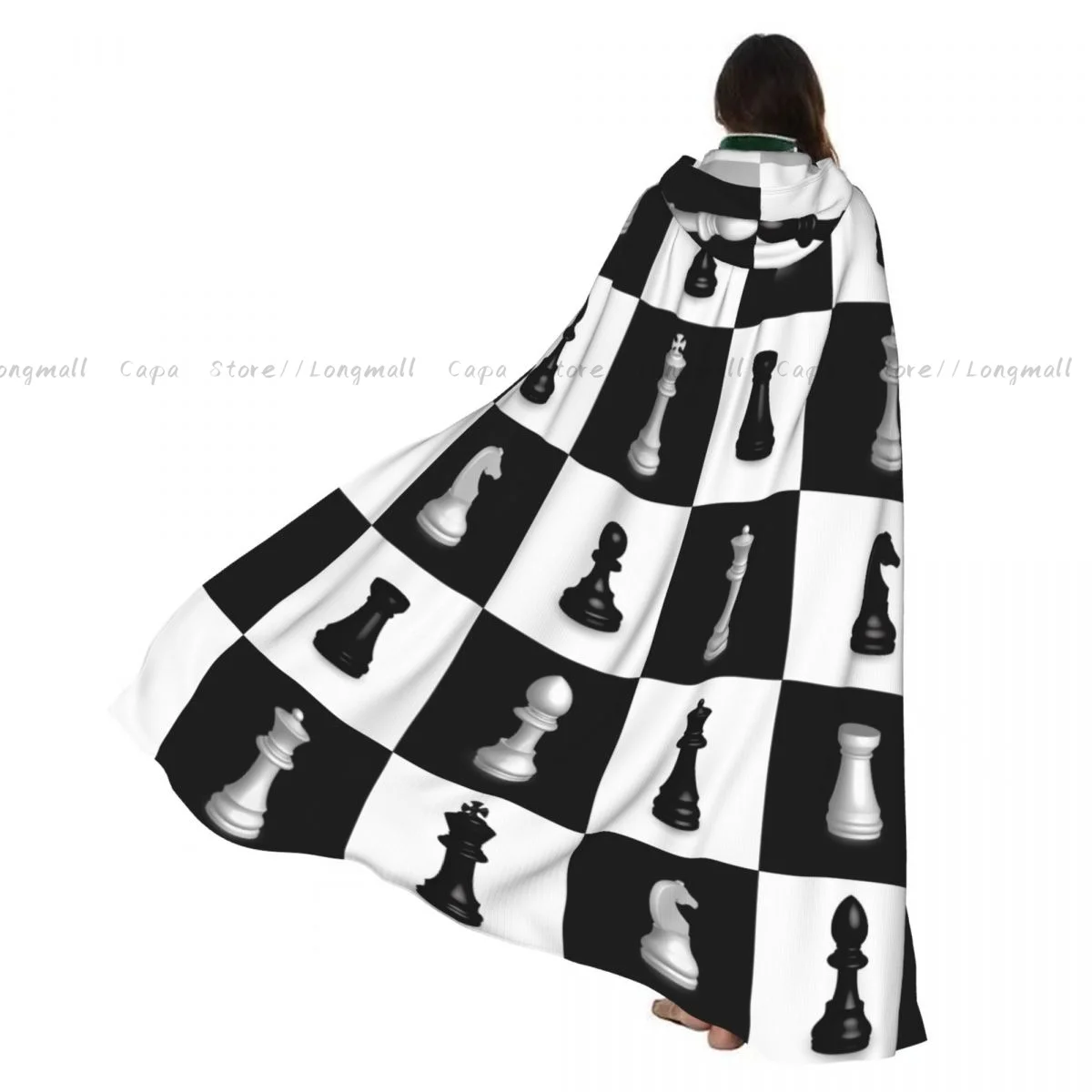 

Adult Vampire Cape Hooded Robe Chess Pattern Halloween Cloak Full Length Cosplay