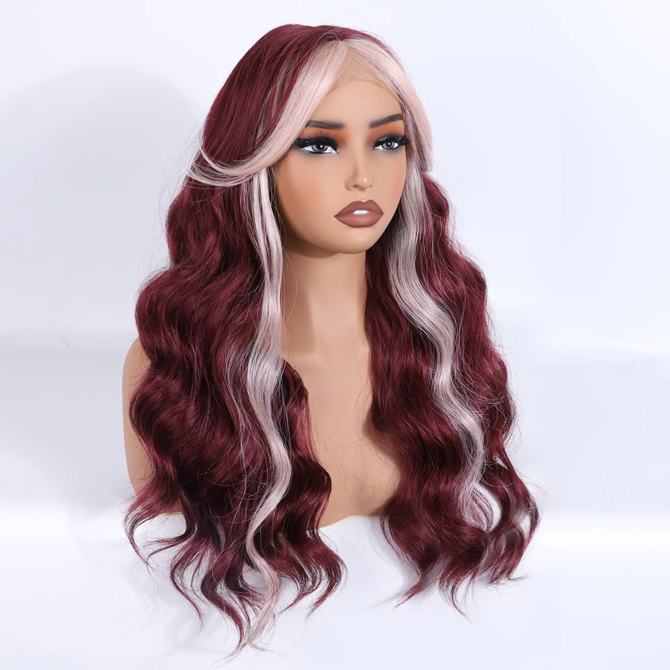 FREEDOM Body Wave Synthetic Lace Front Wigs For Women 22 inch Ombre Brown Ginger Burgundy White Lace Wig With Bangs Cosplay Wigs